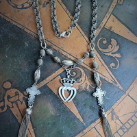 Fill my Heart with Your Love Necklace w/Antique Engraved French Crosses,Antique French Double Crowned Heart Medal, Antique Foxtail Chain Tassels