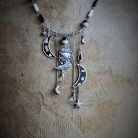  NEW! As Fine as Soul Necklace w/Antique Inlaid Crescent Moons, Antique Sterling Moons & Stars,Rare French "Crepuscule" (Twilight) Moon Medal,Antique Mardi Gras Beads