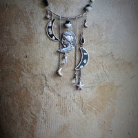  NEW! As Fine as Soul Necklace w/Antique Inlaid Crescent Moons, Antique Sterling Moons & Stars,Rare French "Crepuscule" (Twilight) Moon Medal,Antique Mardi Gras Beads
