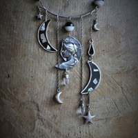  NEW! As Fine as Soul Necklace w/Antique Inlaid Crescent Moons, Antique Sterling Moons & Stars,Rare French "Crepuscule" (Twilight) Moon Medal,Antique Mardi Gras Beads