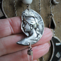  NEW! As Fine as Soul Necklace w/Antique Inlaid Crescent Moons, Antique Sterling Moons & Stars,Rare French "Crepuscule" (Twilight) Moon Medal,Antique Mardi Gras Beads