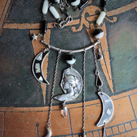  NEW! As Fine as Soul Necklace w/Antique Inlaid Crescent Moons, Antique Sterling Moons & Stars,Rare French "Crepuscule" (Twilight) Moon Medal,Antique Mardi Gras Beads