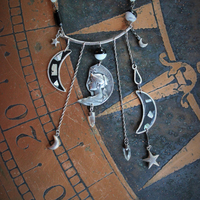  NEW! As Fine as Soul Necklace w/Antique Inlaid Crescent Moons, Antique Sterling Moons & Stars,Rare French "Crepuscule" (Twilight) Moon Medal,Antique Mardi Gras Beads