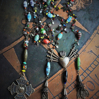 Every Luminous Moment Necklace Set w/Antique Mardi Gras Bead Chains,Vintage Bronze 4 Way Cross,Vintage Bronze 7 Sorrows Medal,Antique Bronze Chain Tassels