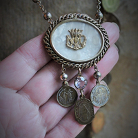 Antique French Medal Charm Necklace Set w/Antique Mesh Purse,Antique Scapular & Pocket Shrine,Antique Notre Dame Finding,Hallmarked Gold Cross & Antique Crystal Drops