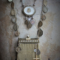 Antique French Medal Charm Necklace Set w/Antique Mesh Purse,Antique Scapular & Pocket Shrine,Antique Notre Dame Finding,Hallmarked Gold Cross & Antique Crystal Drops