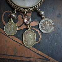 Antique French Medal Charm Necklace Set w/Antique Mesh Purse,Antique Scapular & Pocket Shrine,Antique Notre Dame Finding,Hallmarked Gold Cross & Antique Crystal Drops