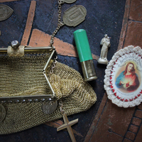 Antique French Medal Charm Necklace Set w/Antique Mesh Purse,Antique Scapular & Pocket Shrine,Antique Notre Dame Finding,Hallmarked Gold Cross & Antique Crystal Drops