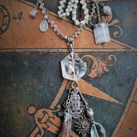 SOLD to C Payment 2  The Pearls in the Soul Amulet Necklace w/Antique Sterling and Glass Perfume/Oil Vessel,Rare Antique Sterling Flaming Heart Medal,Antique Sterling Cross and More!