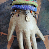 Antique Kantha Handstitched Peasant Bracelet Set w/Antique French Medals,Antique Engraved Reverence Cross,Antique Kuchi Finding,Found Shells,Polished Gemstone Drops