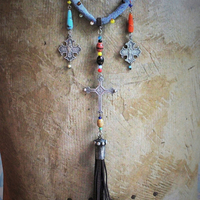 Hand Stitched Vintage Denim Necklace w/French Marian 4 Way Crosses, Antique Mardi Gras Beads, Artisan Leather Tassel, Sterling Clasp