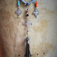 Hand Stitched Vintage Denim Necklace w/French Marian 4 Way Crosses, Antique Mardi Gras Beads, Artisan Leather Tassel, Sterling Clasp