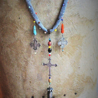 Hand Stitched Vintage Denim Necklace w/French Marian 4 Way Crosses, Antique Mardi Gras Beads, Artisan Leather Tassel, Sterling Clasp