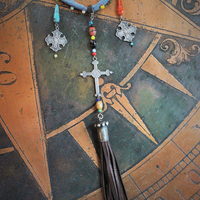 Hand Stitched Vintage Denim Necklace w/French Marian 4 Way Crosses, Antique Mardi Gras Beads, Artisan Leather Tassel, Sterling Clasp