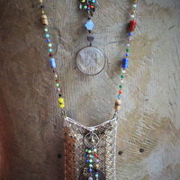 Clarity Necklace Set w/Vintage Travelling Rider Waite Tarot Deck,Antique Mardi Gras Beads,Antique Pouch,Antique Focusing Beveled Lens,Antique Paisley Drop,"Love Heals" Finding & More!