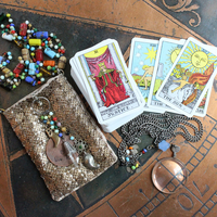 Clarity Necklace Set w/Vintage Travelling Rider Waite Tarot Deck,Antique Mardi Gras Beads,Antique Pouch,Antique Focusing Beveled Lens,Antique Paisley Drop,"Love Heals" Finding & More!