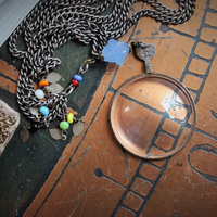 Clarity Necklace Set w/Vintage Travelling Rider Waite Tarot Deck,Antique Mardi Gras Beads,Antique Pouch,Antique Focusing Beveled Lens,Antique Paisley Drop,"Love Heals" Finding & More!