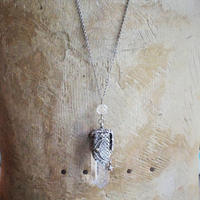 I am all Love Necklace Water Clear Quartz Crystal Point,Antique Sterling Mesh,Antique Sterling Crescent Moon, Rare Faceted Rock Crystal Connector & Antique Sterling Puffy Star