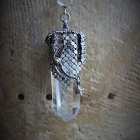 I am all Love Necklace Water Clear Quartz Crystal Point,Antique Sterling Mesh,Antique Sterling Crescent Moon, Rare Faceted Rock Crystal Connector & Antique Sterling Puffy Star