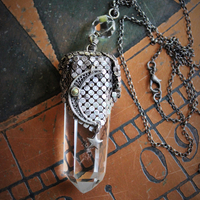 I am all Love Necklace Water Clear Quartz Crystal Point,Antique Sterling Mesh,Antique Sterling Crescent Moon, Rare Faceted Rock Crystal Connector & Antique Sterling Puffy Star