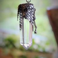 I am all Love Necklace Water Clear Quartz Crystal Point,Antique Sterling Mesh,Antique Sterling Crescent Moon, Rare Faceted Rock Crystal Connector & Antique Sterling Puffy Star