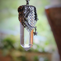 I am all Love Necklace Water Clear Quartz Crystal Point,Antique Sterling Mesh,Antique Sterling Crescent Moon, Rare Faceted Rock Crystal Connector & Antique Sterling Puffy Star