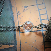 I am all Love Necklace Water Clear Quartz Crystal Point,Antique Sterling Mesh,Antique Sterling Crescent Moon, Rare Faceted Rock Crystal Connector & Antique Sterling Puffy Star