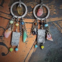 The Sun & The Moon Gypsy Earrings w/Tiny Sterling Engraved Tarot Medals,Antique Glass Mardi Gras Beads,Vintage Sterling & Gold Chain Fragments,Polished Capped Agate Drops