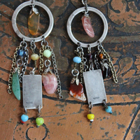 The Sun & The Moon Gypsy Earrings w/Tiny Sterling Engraved Tarot Medals,Antique Glass Mardi Gras Beads,Vintage Sterling & Gold Chain Fragments,Polished Capped Agate Drops
