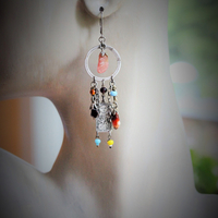 The Sun & The Moon Gypsy Earrings w/Tiny Sterling Engraved Tarot Medals,Antique Glass Mardi Gras Beads,Vintage Sterling & Gold Chain Fragments,Polished Capped Agate Drops