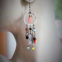 The Sun & The Moon Gypsy Earrings w/Tiny Sterling Engraved Tarot Medals,Antique Glass Mardi Gras Beads,Vintage Sterling & Gold Chain Fragments,Polished Capped Agate Drops