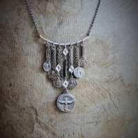 Come Holy Spirit Necklace w/RARE Antique Sterling French Vene Sancte Spiritus Medal,Antique Faceted Rock Crystal Connectors,6 Antique French Medals,Vintage & Antique Chain Fragments