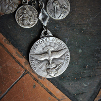 Come Holy Spirit Necklace w/RARE Antique Sterling French Vene Sancte Spiritus Medal,Antique Faceted Rock Crystal Connectors,6 Antique French Medals,Vintage & Antique Chain Fragments