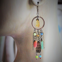 The Sun & The Moon Gypsy Earrings w/Tiny Sterling Engraved Tarot Medals,Antique Glass Mardi Gras Beads,Vintage Sterling & Gold Chain Fragments,Polished Capped Agate Drops