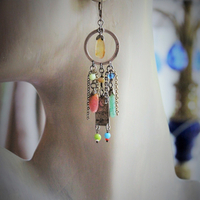 The Sun & The Moon Gypsy Earrings w/Tiny Sterling Engraved Tarot Medals,Antique Glass Mardi Gras Beads,Vintage Sterling & Gold Chain Fragments,Polished Capped Agate Drops