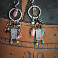 The Sun & The Moon Gypsy Earrings w/Tiny Sterling Engraved Tarot Medals,Antique Glass Mardi Gras Beads,Vintage Sterling & Gold Chain Fragments,Polished Capped Agate Drops