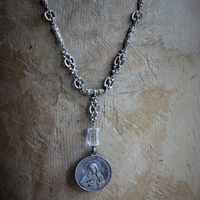 Queen of the Virgins Necklace w/Antique German Marian Medal, Antique Etruscan Chain, Antique Faceted Rock Crystal Connector