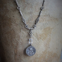 Queen of the Virgins Necklace w/Antique German Marian Medal, Antique Etruscan Chain, Antique Faceted Rock Crystal Connector