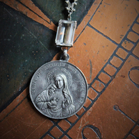 Queen of the Virgins Necklace w/Antique German Marian Medal, Antique Etruscan Chain, Antique Faceted Rock Crystal Connector