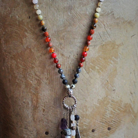 Healer of all Beings Necklace w/Hand Knotted Gemstone Mala, Antique Sterling Crucifix Medal,Antique Buddha Sanskrit Medal,Aramaic Prayer Glass Vessel,Faceted Amethyst,Turquoise Nugget