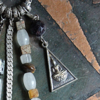 Healer of all Beings Necklace w/Hand Knotted Gemstone Mala, Antique Sterling Crucifix Medal,Antique Buddha Sanskrit Medal,Aramaic Prayer Glass Vessel,Faceted Amethyst,Turquoise Nugget