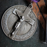 Healer of all Beings Necklace w/Hand Knotted Gemstone Mala, Antique Sterling Crucifix Medal,Antique Buddha Sanskrit Medal,Aramaic Prayer Glass Vessel,Faceted Amethyst,Turquoise Nugget