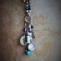 Healer of all Beings Necklace w/Hand Knotted Gemstone Mala, Antique Sterling Crucifix Medal,Antique Buddha Sanskrit Medal,Aramaic Prayer Glass Vessel,Faceted Amethyst,Turquoise Nugget