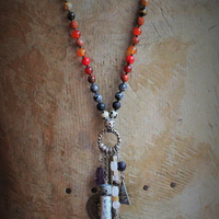 Healer of all Beings Necklace w/Hand Knotted Gemstone Mala, Antique Sterling Crucifix Medal,Antique Buddha Sanskrit Medal,Aramaic Prayer Glass Vessel,Faceted Amethyst,Turquoise Nugget