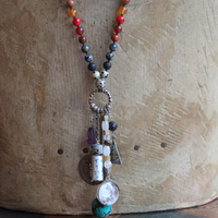Healer of all Beings Necklace w/Hand Knotted Gemstone Mala, Antique Sterling Crucifix Medal,Antique Buddha Sanskrit Medal,Aramaic Prayer Glass Vessel,Faceted Amethyst,Turquoise Nugget