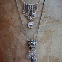 Unique Antique Silver Prayer Box Necklace w/Inset Antique Medals,Hanging Antique French Medals, Sterling Chain Tassel,Sterling Puffy Heart Connectors,Antique Bezel Set Crystal