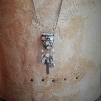 Unique Antique Silver Prayer Box Necklace w/Inset Antique Medals,Hanging Antique French Medals, Sterling Chain Tassel,Sterling Puffy Heart Connectors,Antique Bezel Set Crystal