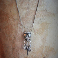 Unique Antique Silver Prayer Box Necklace w/Inset Antique Medals,Hanging Antique French Medals, Sterling Chain Tassel,Sterling Puffy Heart Connectors,Antique Bezel Set Crystal