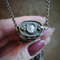 Unique Antique Silver Prayer Box Necklace w/Inset Antique Medals,Hanging Antique French Medals, Sterling Chain Tassel,Sterling Puffy Heart Connectors,Antique Bezel Set Crystal