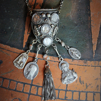 Unique Antique Silver Prayer Box Necklace w/Inset Antique Medals,Hanging Antique French Medals, Sterling Chain Tassel,Sterling Puffy Heart Connectors,Antique Bezel Set Crystal